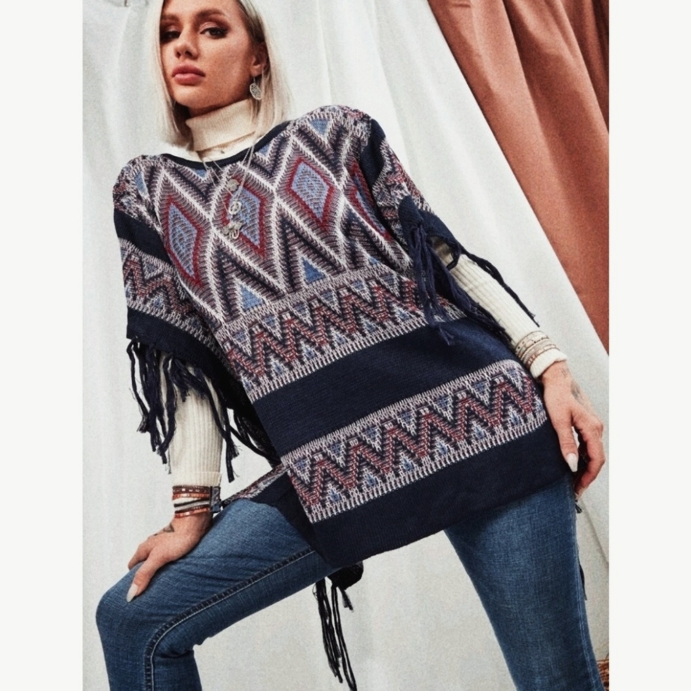 NEW Yellowstone Tribal Fringe Tassel Knit Poncho Sweater Cardigan Navy Blue